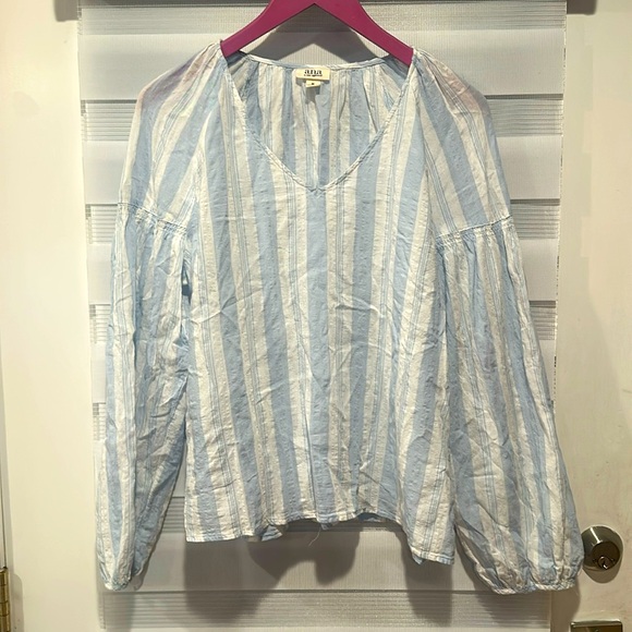 A.N.A blue and white striped long Sleeve Sheer V Neck Blouse size medium - Picture 1 of 6